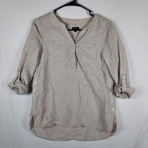 Talbots Women's Linen Blouse Small Petite Beige Button Side Casual